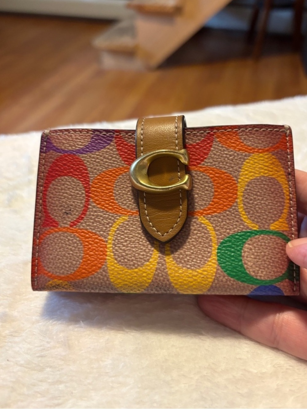 Coach Rainbow Signature 'C' Compact Wallet with Gold Clasp